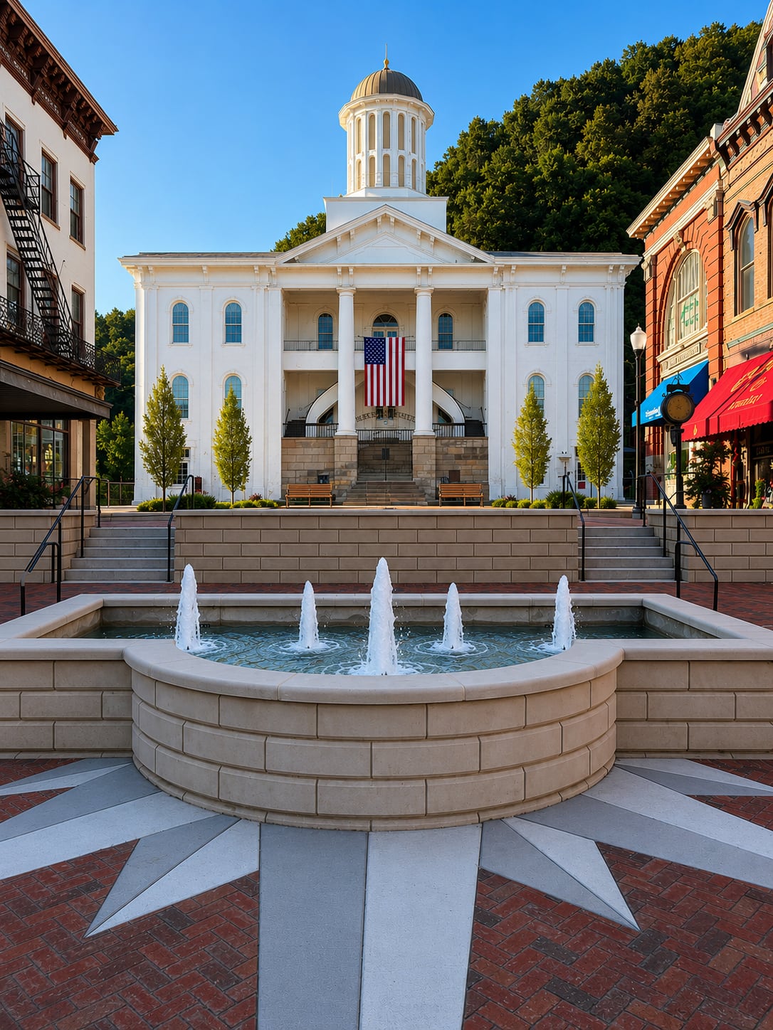 The Meigs County Courthouse in daylight, seen across the fountain on the plaza, with the United States flag hanging between its front columns.