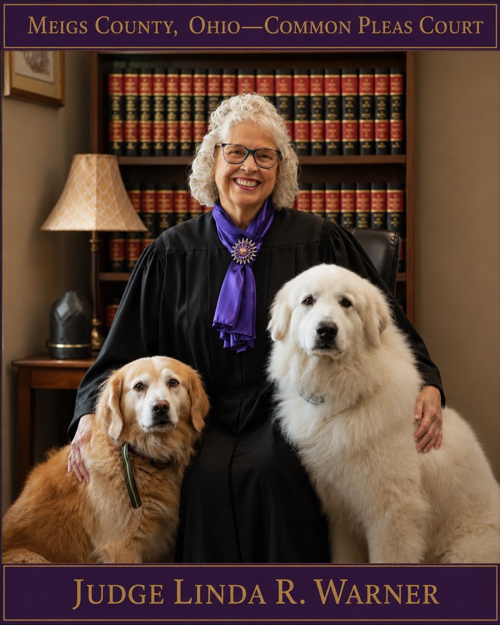 Judge Linda R. Warner seated in chambers with the court's two facility dogs, Senna and Liberty.