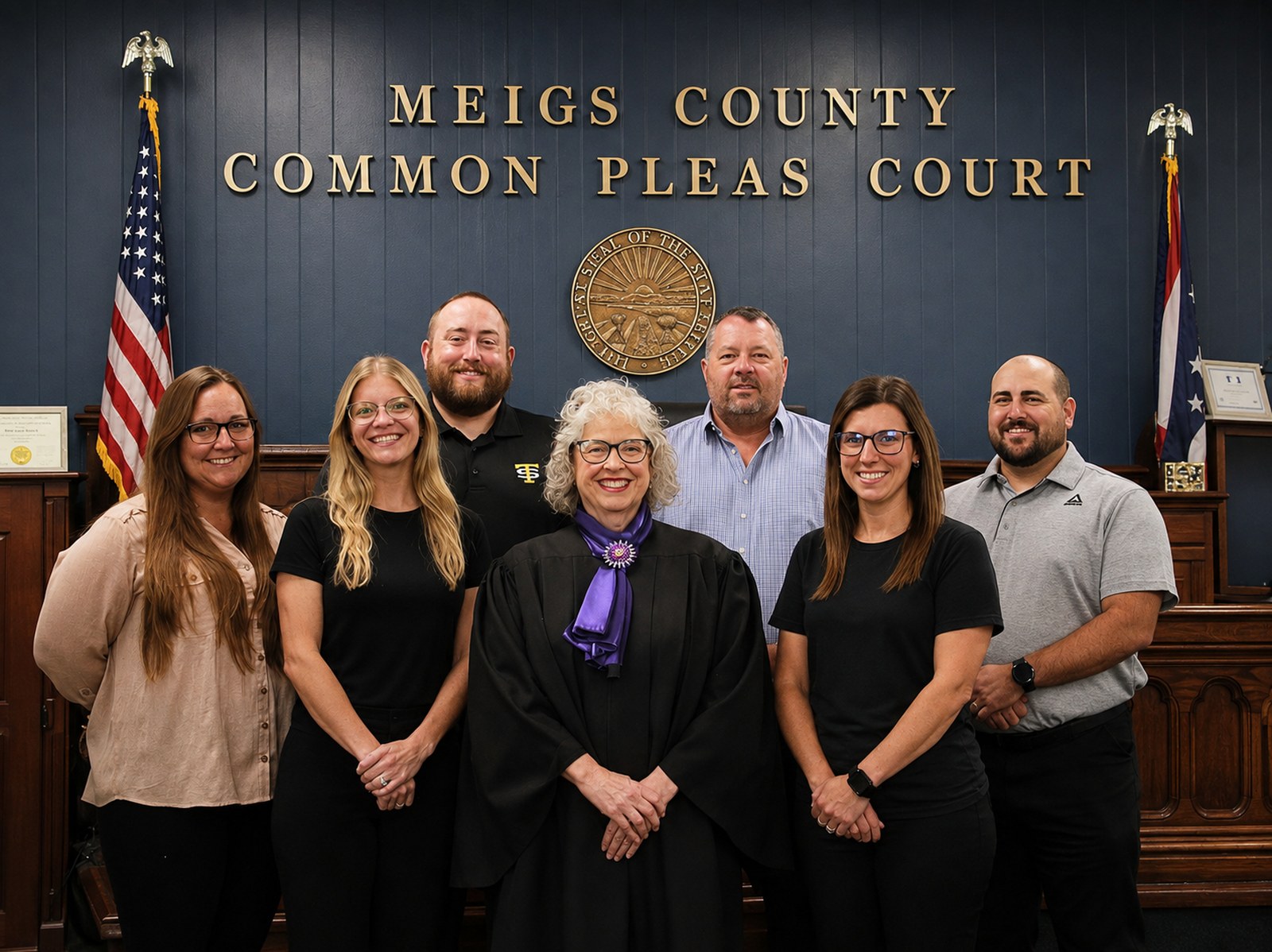 Judge Linda R. Warner and the staff of the Meigs County Common Pleas Court, standing together in the courtroom.